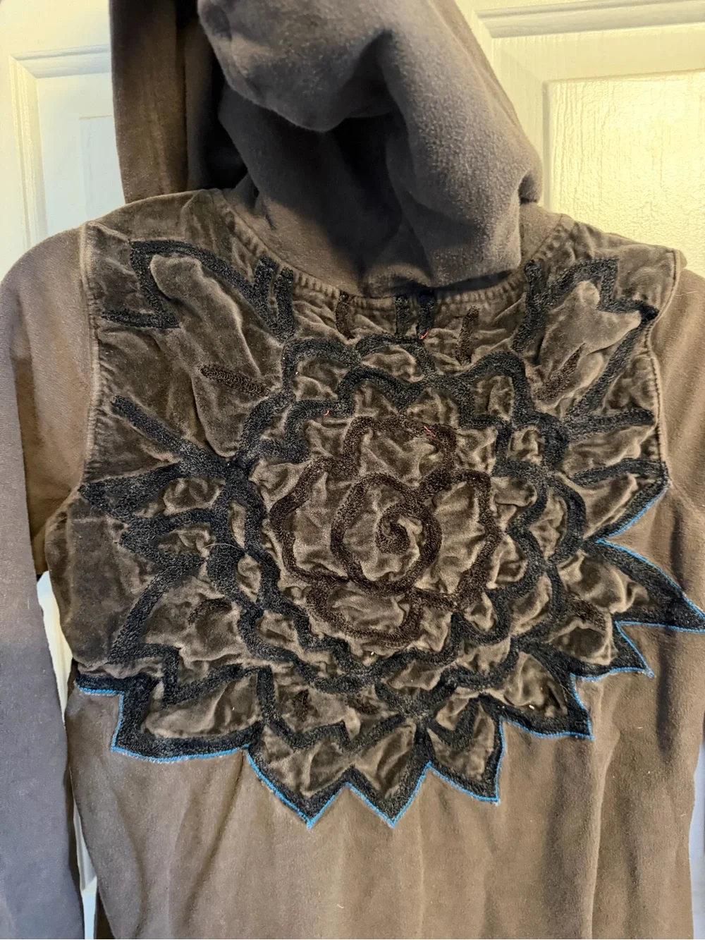 Free People Grey Hooded Pullover Sweatshirt with Purple Buttons